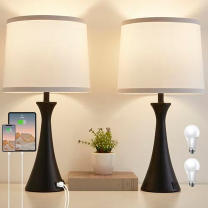 Touch Table Lamps Set of 2, 21" Bedside Lamps with USB C+A - color: Black & White Shade