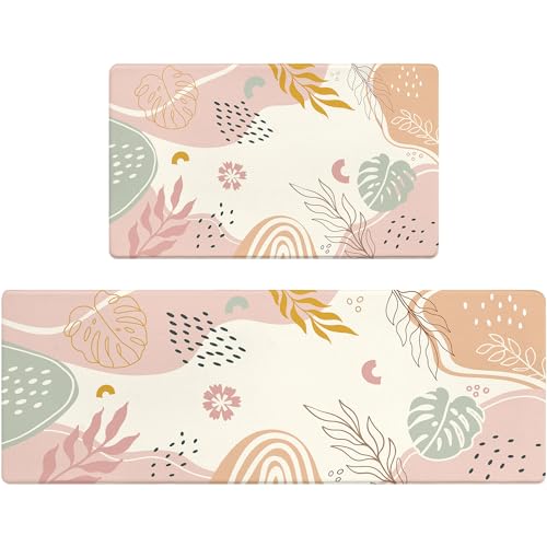 Boho Kitchen Rug Mats for Floor Cushioned Anti Fatigue Pink Kitchen Rugs Sets of 2 Botanical Non Slip Waterproof Comfort Memory Foam Standing Floor Mat for Office Laundry Sink Desk - color: Beige Pink, size: 46"Lx17"W+29"Lx17"W-0.3"H