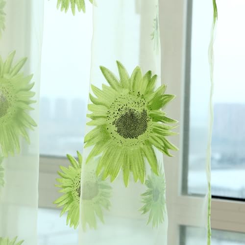 Ufurty 2pcs Sunflower Window Curtain Green Floral Voile Sheer Curtains - color: Green Flower, size: 39.4"W x 78.7"L (Pack of 2)
