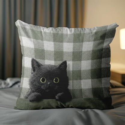 Black Kitten Pillow Cover 18x18 Inches, Sage Plaid Farmhouse Decor - color: Round Black Kitten