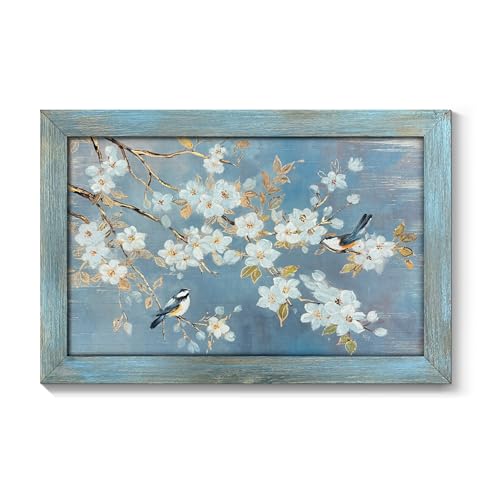 Gilded Birds on White Blossom Branches Framed Wall Art, Soft Blue, 24"x16" - color: Birds on White Blossom, size: 24"L x 16"W