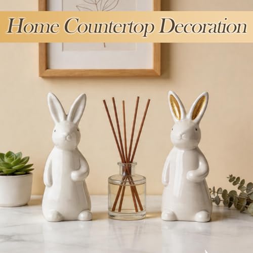 White Ceramic Bunny Figurine, 7.2 Inches Easter Bunny Statue, 1 Pcs Spring Easter Decor for Table Centerpiece, Mantel, Shelf, Windowsill Home Decor (Gold Ears)