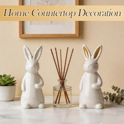 White Ceramic Bunny Figurine, 7.2 Inches Easter Bunny Statue, 1 Pcs Spring Easter Decor for Table Centerpiece, Mantel, Shelf, Windowsill Home Decor (Gold Ears)