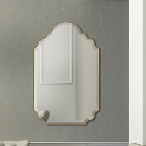 Quoizel Camille Gold-Framed Geometric Wall Mirror, 24 x 37 Inch Arch Top Beveled Glass Mirror, Hanging Wall Mounted Decorative Mirror for Bedroom, Living Room, Vanity, Dresser, Over Sink or Entryway