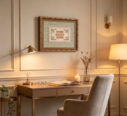 Gold Framed Home Sweet Home Wall Art,Embroidered Style Green Gingham Canvas - color: Home Sweet Home, size: 11"LX9"W