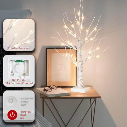 Vanthylit White Birch Tree with LED Lights - Set of 2, Tabletop Tree with Timer, Christmas Decorations Lighted Tree for Indoor Mantel Home Decor (2 FT, 24 LED) - size: 2pk Birch Tree
