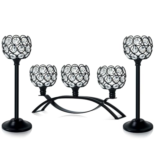 Crystal Tealight Candle Holder Centerpiece Home Decorative Candlestick Holder Elegant Table Centerpiece Home Decor Wedding Party Anniversary (Black, Set of 3) - color: Black, size: 3 Pieces