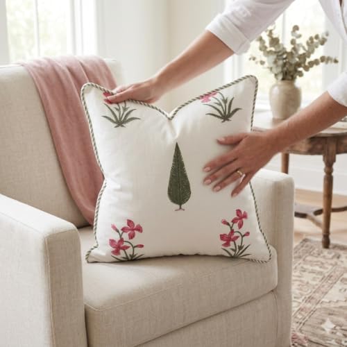 ATOSII Cotton Blockprint Throw Pillow Cover, Cypress, Set of 2, 18 X 18 - color: Cypress, size: 18" x 18" (Pack of 2)