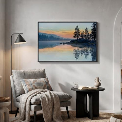 Framed Sunset Mountain Lake Landscape Wall Art for Living Room, 24x36 Inch - color: Red Blue, size: 36"L x 24"W