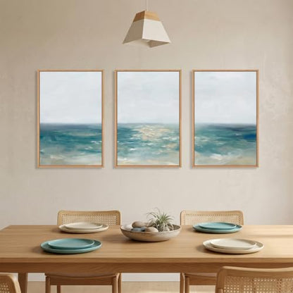 Aurlan Large Abstract Blue Coastal Framed Canvas Wall Art Set-24"x36"x3 - color: Abstract Blue Coastal Wall Art, size: 24"Lx36"W