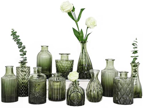 TBWIND 12pcs Green Glass Bud Vases Set, Small Vases for Flowers - color: Green-12pcs, size: 12Pcs