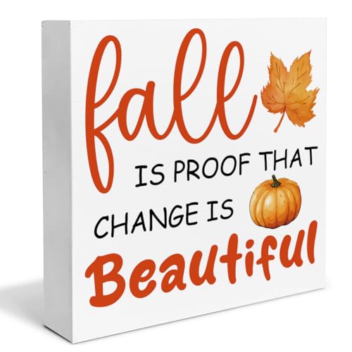 Fall Decor Pumpkin Wooden Box Sign Fall is Proof That Change is Beautiful Decorations Rustic Home Desk Shelf Tabletop Decor 5 x 5 Inches - color: Multicolor Beautiful