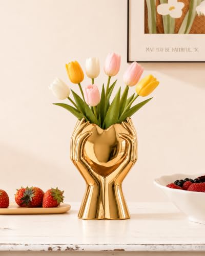 8" Heart Hand Gold Ceramic Vase - Unique Modern Aesthetic Flowers Vase for Living Room Bedroom Office Kitchen Table Centerpiece or Shelf Decor-Gifts for Wedding Bridal Shower Women Mom (Gold) - color: Gold