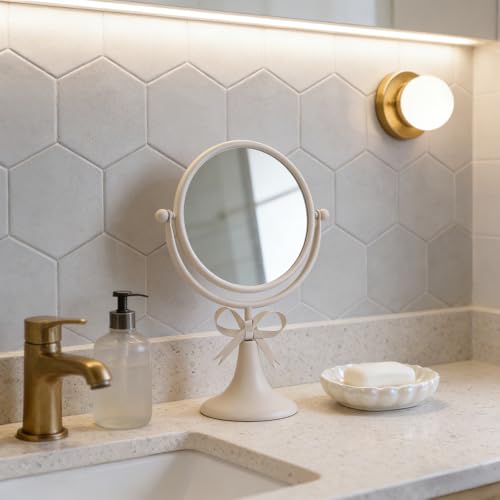 Tabletop Vanity Makeup Mirror with Metal Frame Silver Bow Desk Table Mirror with 360°Adjust Dressing Room Bedroom Bathroom Favor Decor - color: White