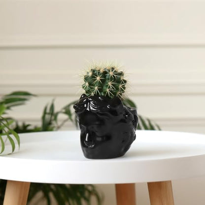 Small Head Planter - Ceramic Face Planter Pots for Indoor Plants, Cute Funny Succulent Pot with Drainage Hole, Unique Gift, 3.9" - color: Black