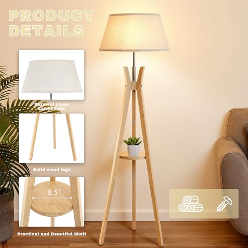 Tripod Floor Lamp with Shelf, 59'' Standing Lamps for Living Room - color: Natural