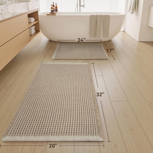 Upgraded Waffle Bath Mat Set of 2 Absorbent Bathroom Mat 17"x24" + 20"x32" - color: Brown & Cream, size: 17" x 24" + 20" x 32"