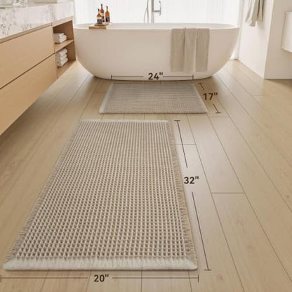 Upgraded Waffle Bath Mat Set of 2 Absorbent Bathroom Mat 17"x24" + 20"x32" - color: Brown & Cream, size: 17" x 24" + 20" x 32"