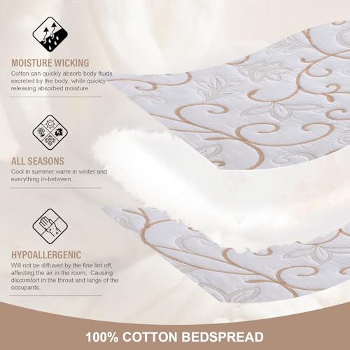 100% Cotton Oversized Bedspread Quilt Coverlet Set, 120"x102" - color: White/Beige-gold, size: Oversized Queen(120"x102")