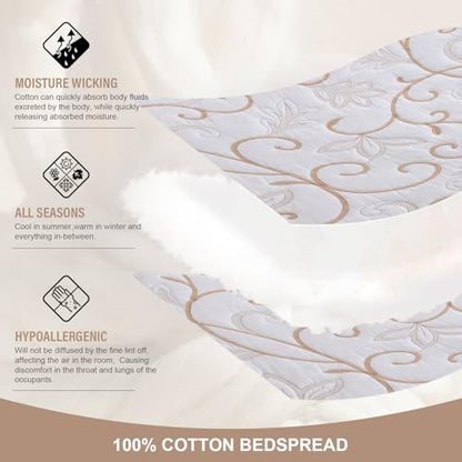 100% Cotton Oversized Bedspread Quilt Coverlet Set, 120"x102" - color: White/Beige-gold, size: Oversized Queen(120"x102")