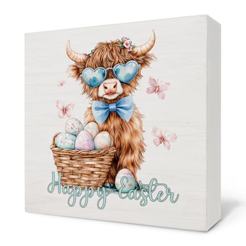 Blue Coquette Easter Highland Cow Wooden Box Sign, Farmhouse Happy Easter Eggs Western Cow Wood Block Signs for Girls Bedroom Dorm Home Desk Table Shelf Decor, 5x5 Inch - color: Easter Cow 04