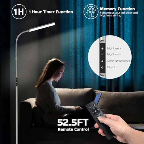 Dimunt LED Floor Lamp, Stepless Adjustable 3000K-6000K Colors, Silver - color: Silver