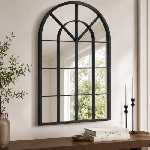 Black Arched Window Mirror 24x40 Inch, Metal Framed Wall Mirror for Living Room, Dining Room Decor - Elegant Decorative Wall Mounted Mirror for Fireplace, Entryway, Bedroom - color: Matte Black, size: 40"L x 24"W