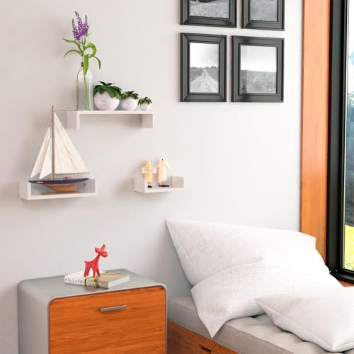 SRIWATANA White Floating Shelves, Set of 3 Solid Wood Wall Mounted Shelves - color: 1.white