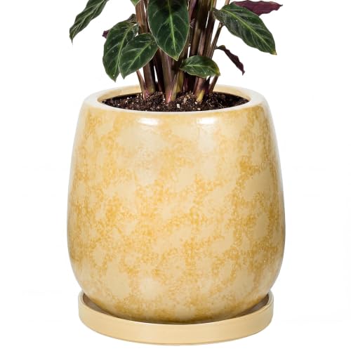 10.3 Inch Ceramic Glaze Plant Pot with Saucer, Flower Pots with Drainage Hole Mesh Net (Brown-Yellow) - color: Brown