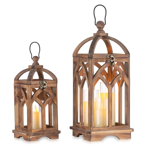 Romadedi Farmhouse Wood Candle Lantern Decorative 12"/16", Set of 2, Brown - color: Brown