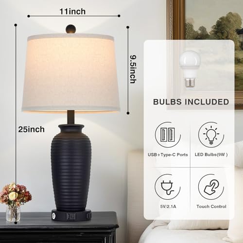 CINSARY 25" Retro Black Farmhouse Jar Table Lamps, 3 Way Touch Control Rustic Bedside Lamps with USB A+C Ports & AC Outlet, Pot Nightstand Lamps for Bedroom Living Room (LED Bulbs Included) - color: Retro Black-1Pack