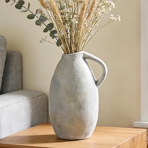 Rustic Ceramic Vase with Handle, 10.3 Inch, Handmade Decor - color: White Gray