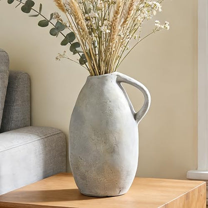Rustic Ceramic Vase with Handle, 10.3 Inch, Handmade Decor - color: White Gray