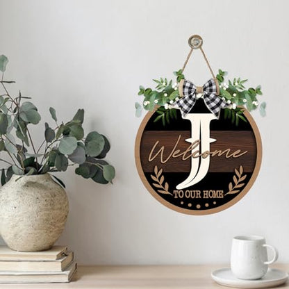 Monogram Letter J Front Door Sign, Welcome to Our Home Family Last - color: J
