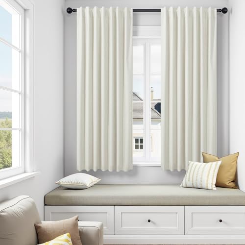 DANCURTON 100% Blackout Linen Curtains 45 Inches Long 2 Panel Short Length Kitchen Curtain for Small Window Treatment Basement Cafe Thermal Insulated Energy Efficient Drapes for Bedroom Bathroom Cream - color: Natural, size: 52"W x 45"L (Pack of 2)