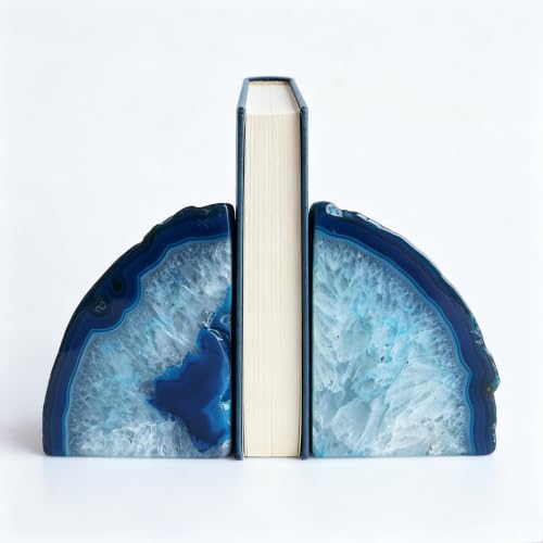 Natural Agate Bookends Pair - Vibrant Dyed Blue Geode Design, 2-3 lbs Heavy Duty Non-Slip Crystal Bookends for Shelves | Home Office Decor - color: Blue, size: 2-3LBS