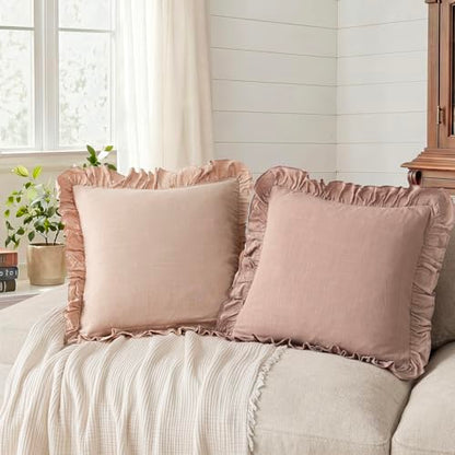 Foindtower Linen Fringe Ruffle Throw Pillow Covers 18×18 Inch Light Pink - color: Light Pink, size: 18" x 18" (Pack of 2)