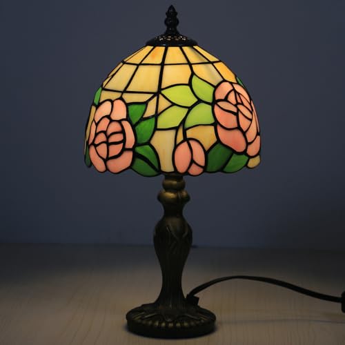 Small Tiffany Table Lamp,3 Color Temperature Pink Rose Stained Glass Table Lamps for Living Room, Dining Room,Bedroom Bedside Nightstand Night Light,W/LED Bulb,8X8X15Inch - color: Pink Rose 8X8X15Inch