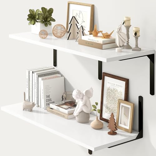 Fun Memories Floating Shelves for Wall, 12 Inch Deep Floating Shelves Set of 2, Wall Mounted Shelf with Metal Brackets, Rustic Wood Wide Shelf for Bathroom, Kitchen and Living Room, White, 36W x 12D - color: White | L Bracket, size: 36"L x 12"D