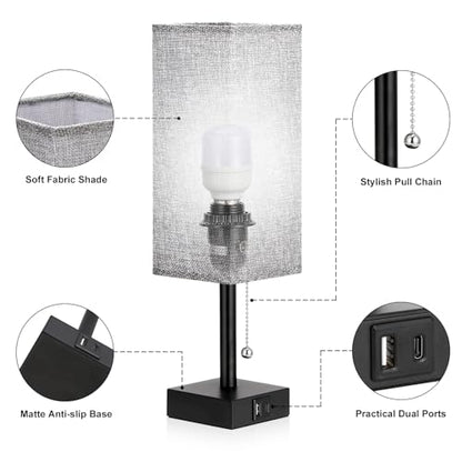 Set of 2 Grey Bedside Table Lamps for Bedroom - Nightstand Lamp, USB C+A - color: Gray & Black (2PCS), size: 14.3in