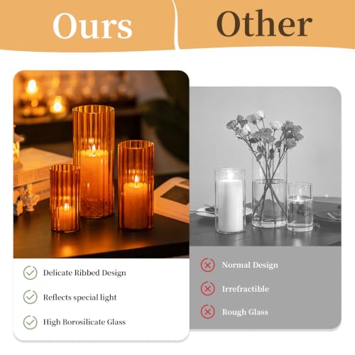 Glasseam Hurricane Glass Candle Holders, 6 Pcs Amber Ribbed Flower Vase Set - color: Amber