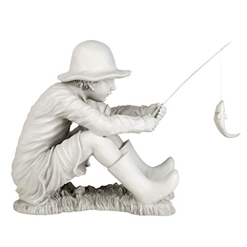 Design Toscano Gone Fishing Fisherman Boy Garden Statue, 17 Inch Tall, Cast Stone Resin, Two Tone Stone Finish - color: Gone Fishing Fisherman