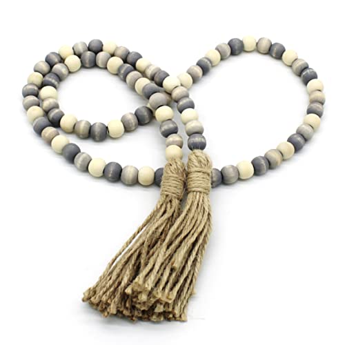 CVHOMEDECO. Wood Beads Garland with Tassels Farmhouse Rustic Wooden Prayer Bead String Wall Hanging Accent for Home Festival Decor. Grey Mix Distressed - color: Grey Mix Distressed