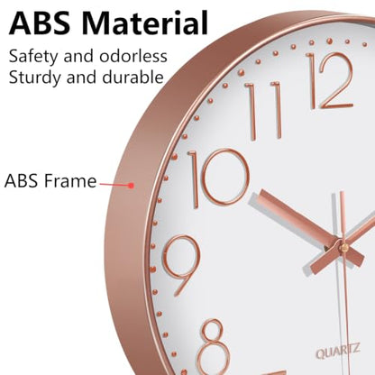 Modern Silent Wall Clock, 14 Inch Wall Clocks Battery Operated | Large Number, Non-Ticking Analog Clock with Tempered Glass Quartz Clocks for Living Room Bedroom Office Kitchen, Rose Gold - color: Rose Gold, size: 14 Inch