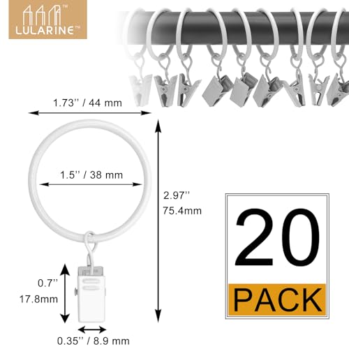 20 Pack Curtain Rings with Clips 1.5" Interior Diameter,Metal Drapery Clips with Rings,Curtain Clips,Strong Vintage Decorative Rustproof Drapery Ring with Hooks for Bathroom,Bedroom(White) - color: White, size: 1.5"-20pack