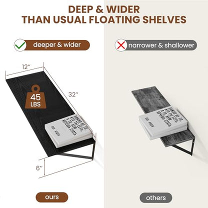 Heimlove 32W x 12D Deep Floating Shelves Set of 2 Black - color: Black With Black Metal Bracket, size: 32Wx12Dx5.8H