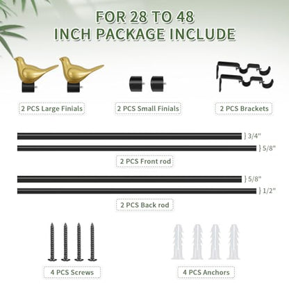3/4" Diameter Farmhouse Double Window Treatment Curtain Rod, Gold Bird Finials (28"-48", Black Rod) - color: Black with Gold Finial, size: 28"-48"
