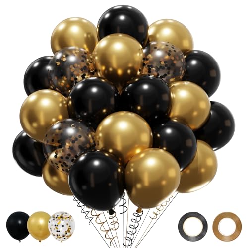 Patimate Black Gold Confetti Balloons Set 50 pcs 12 inch - color: Metallic Gold Black