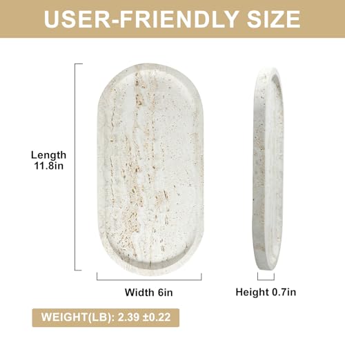 Natural Travertine Marble Tray, Bathroom Dresser Tray for Countertop, Decorative Dish Organizer for Jewelry, Toiletries, Cosmetics, Incense, Candles
