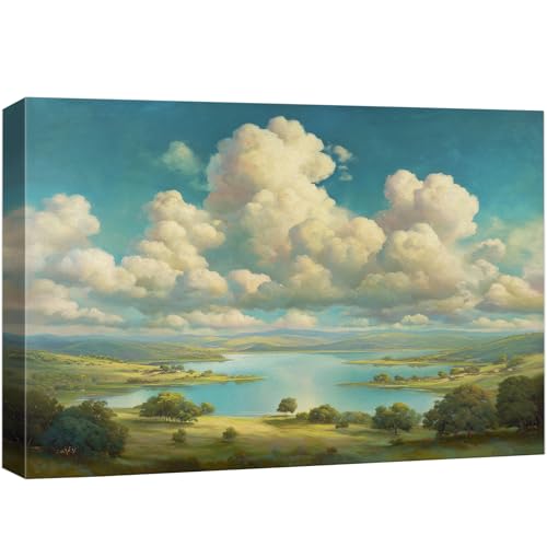 wall26 Canvas Print Wall Art Sunny Lake and Rolling Hills Bright Blue Sky and Fluffy Clouds Landscape Digital Art Realism Rustic Scenic Nature Photography for Living Room, Bedroom, Office - 12"x18" - color: A25-2605-M18, size: 18"L x 12"W